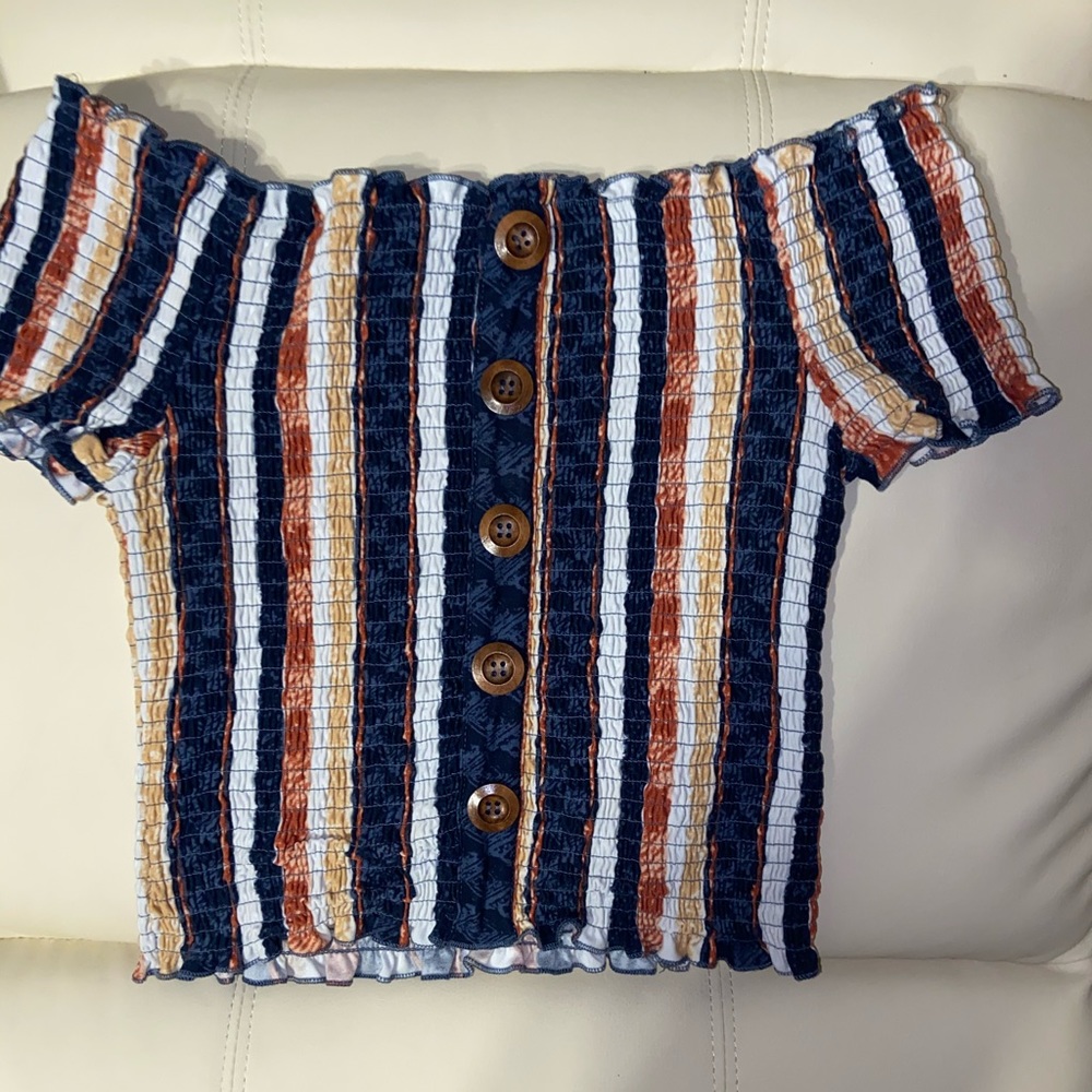 off the shoulder shirred striped croptop